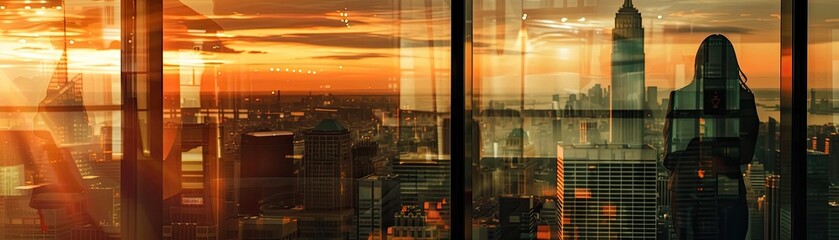 Poster - A silhouette of a person admiring a sunset view from a modern office building, showcasing cityscape and skyline.