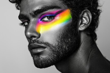 Wall Mural - A black-and-white portrait of a male model with rainbow-colored makeup highlighting the eyes.