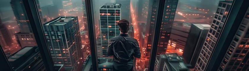 Poster - A cityscape view from a high-rise building at night, showcasing glowing lights and a reflective atmosphere.