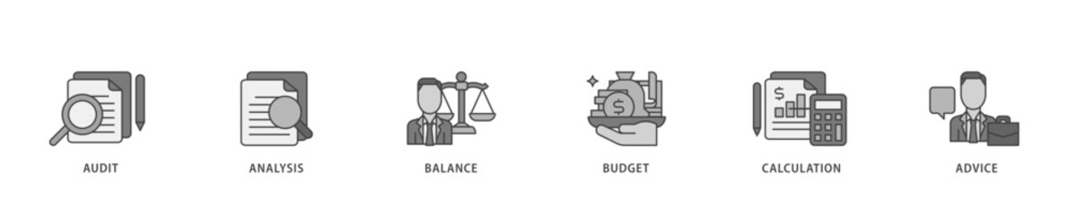 Poster - Accounting icon infographic illustration concept with icon of audit, analysis, balance, budget, calculation, and advice icon live stroke and easy to edit 