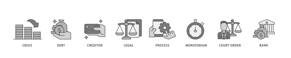 Poster - Bankruptcy icon infographic illustration concept with icon of bank ,court order, legal, moratorium, process, creditor, debt, crisis icon live stroke and easy to edit 
