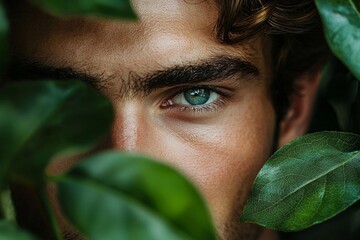 Wall Mural - A close up of a handsome male model face surrounded by green leaves, high fashion style