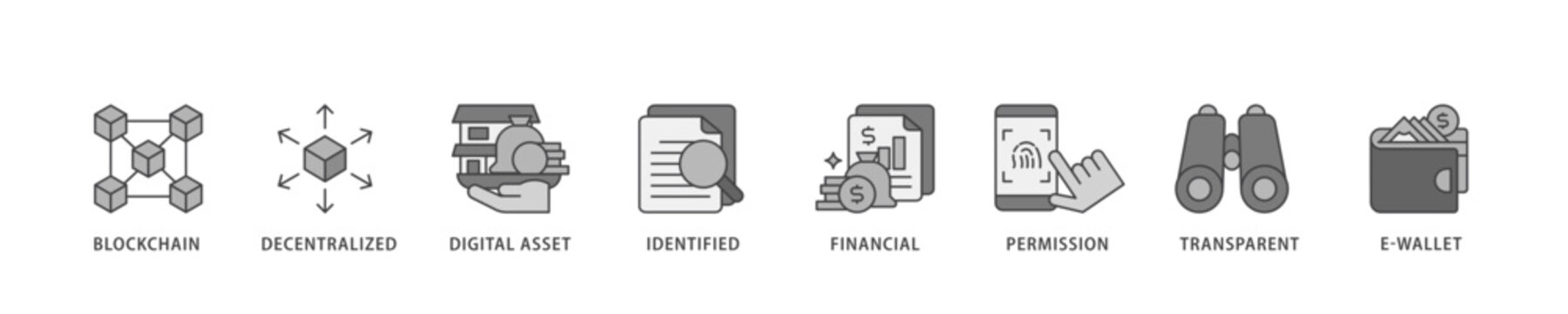 Defi icon infographic illustration concept with icon of blockchain, decentralized, digital assset, identified, financial, permission, transparent and e wallet icon live stroke and easy to edit 