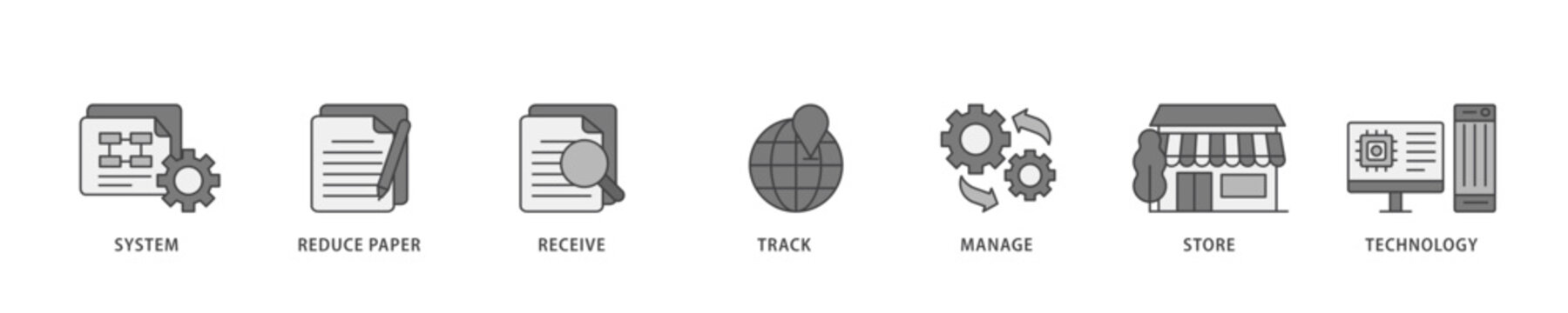 Document management icon infographic illustration concept with icon of system, reduce paper, receive, track, manage, store, cloud and technology icon live stroke and easy to edit 
