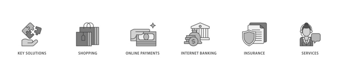 Poster - Financial service icon infographic illustration concept with icon of key solutions, shopping, online payments, internet banking, insurance and services icon live stroke and easy to edit 