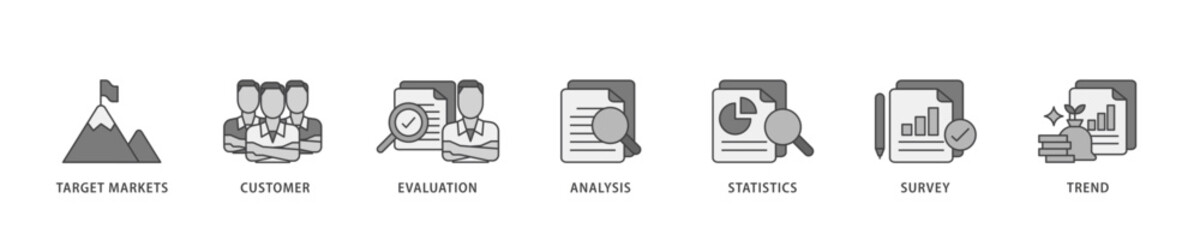 Aufkleber - Market research icon infographic illustration concept with icon of target markets, customer, evaluation, analysis, statistics, survey and trend icon live stroke and easy to edit 