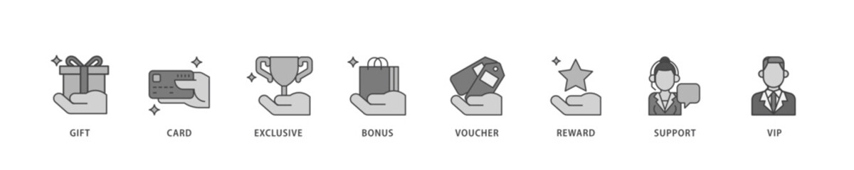 Poster - Loyalty program icon infographic illustration concept with icon of vip, support, bonus, reward, voucher, exclusive, card, gift icon live stroke and easy to edit 
