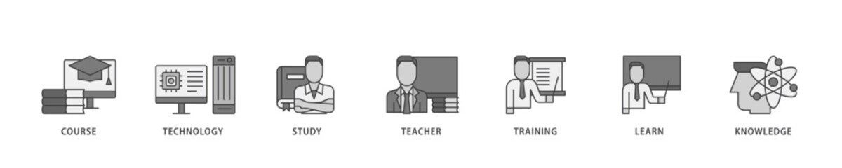 Poster - Online education icon infographic illustration concept with icon of course, technology, study, teacher, training, learn and knowledge icon live stroke and easy to edit 