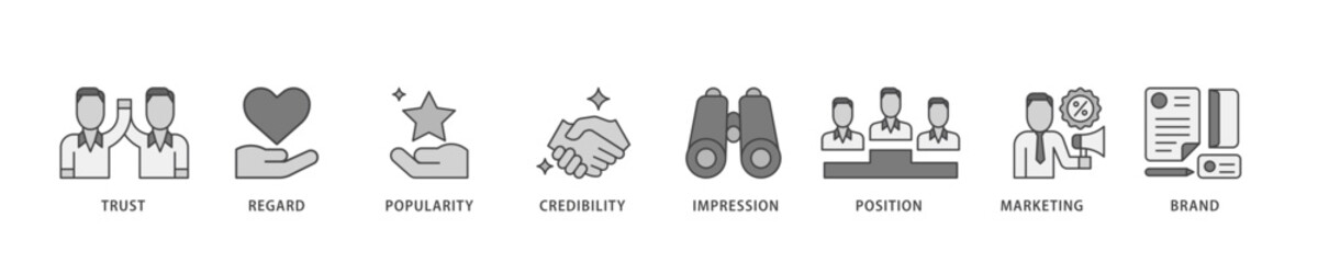 Poster - Reputation management icon infographic illustration concept with icon of brand, marketing, credibility, position, impression, popularity, regard, trust icon live stroke and easy to edit 