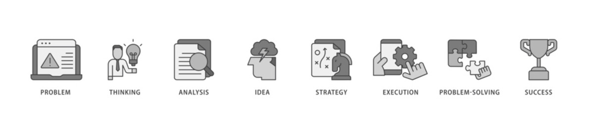 Poster - Solution icon infographic illustration concept with icon of problem, thinking, analysis, idea, strategy, execution, problem solving, success icon live stroke and easy to edit 