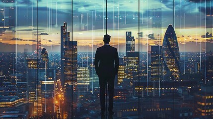 Wall Mural - Silhouette of a businessman overlooking a city skyline during sunset, symbolizing ambition and corporate success.