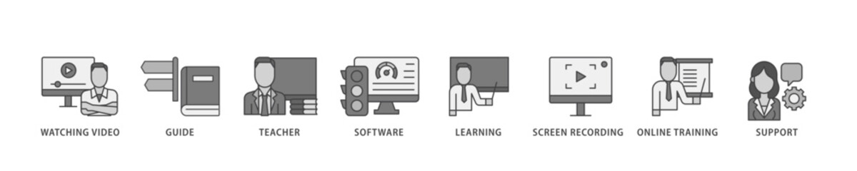 Poster - Video tutorial icon infographic illustration concept with icon of watching video, guide, teacher, software, learning, screen  recording, online training, support icon live stroke and easy to edit 