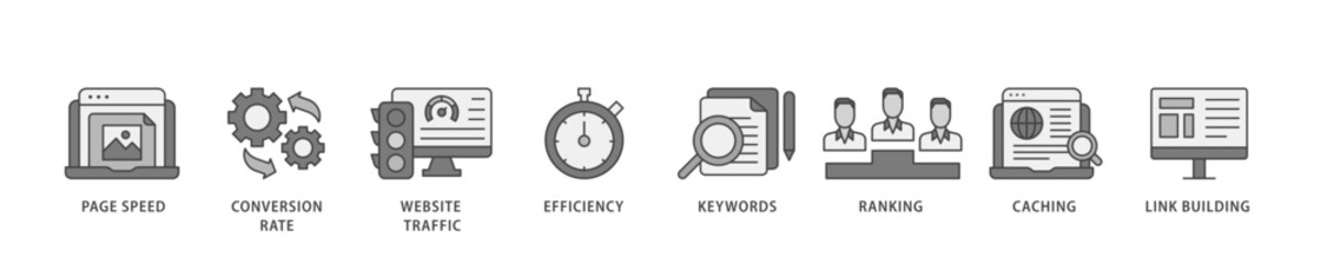Aufkleber - Website optimization icon infographic illustration concept with icon of page speed, conversion rate, website traffic, efficiency, keywords, ranking, caching  icon live stroke and easy to edit 