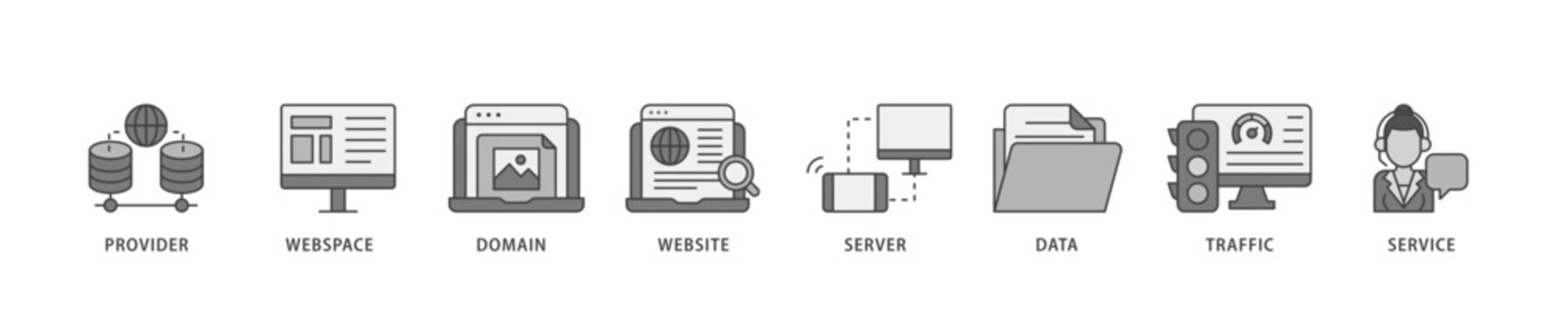 Web hosting icon infographic illustration concept with icon of provider, webspace, domain, website, server, data, traffic and service icon live stroke and easy to edit 