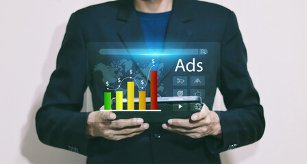 Poster - Online marketing and website advertising concept. Digital marketing strategy analysis to promotion of products or services through digital channels.