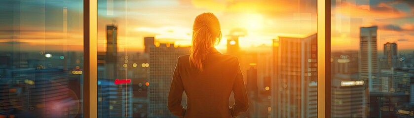 Wall Mural - A businesswoman gazes thoughtfully at a stunning sunset over a city skyline from her office window.