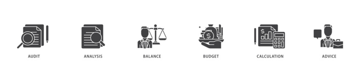 Poster - Accounting icon infographic illustration concept with icon of audit, analysis, balance, budget, calculation, and advice icon live stroke and easy to edit 