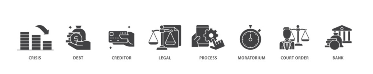 Poster - Bankruptcy icon infographic illustration concept with icon of bank ,court order, legal, moratorium, process, creditor, debt, crisis icon live stroke and easy to edit 