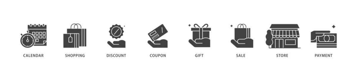 Poster - Black friday icon infographic illustration concept with icon of calendar, shopping, discount, coupon, gift, sale, store, payment icon live stroke and easy to edit 