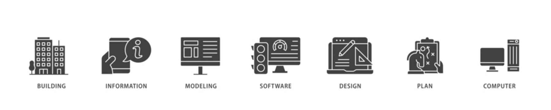 BIM icon infographic illustration concept with icon of building, information, modeling, software, design, plan, and computer icon live stroke and easy to edit 