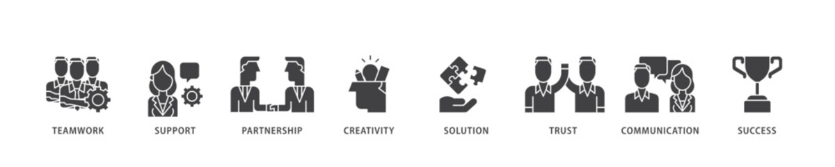 Poster - Collaboration icon infographic illustration concept with icon of teamwork, support, partnership, creativity, solution, trust, communication, success icon live stroke and easy to edit 