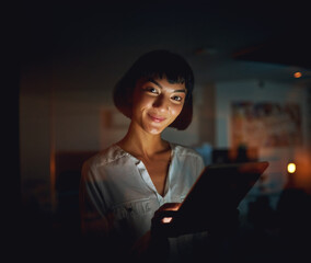 Aufkleber - Portrait, night and business with woman, tablet and happy with project, deadline and schedule. Face, evening and creative agency with Asian employee for graphic design and internet with tech