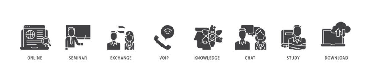 Poster - E learning icon infographic illustration concept with icon of online, seminar, exchange, voip, knowledge, chat, study and download icon live stroke and easy to edit 