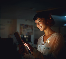 Poster - Evening, office and business with woman, tablet and happy with project, deadline and connection. Typing, night and creative agency with employee, consultant and internet with tech and digital app