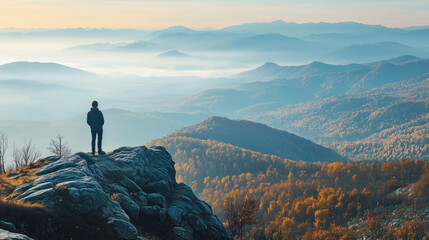 Wall Mural - Man standing at the edge of a cliff and enjoying a beautiful view of the mountains in autumn