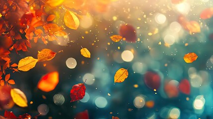 Poster - A dreamy autumn scene with floating leaves and shimmering bokeh lights, capturing the essence of seasonal beauty.