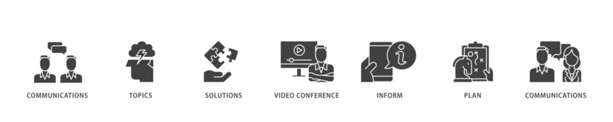 Poster - Meeting icon infographic illustration concept with icon of communications, topics, solutions, plan, inform and video conference  icon live stroke and easy to edit 