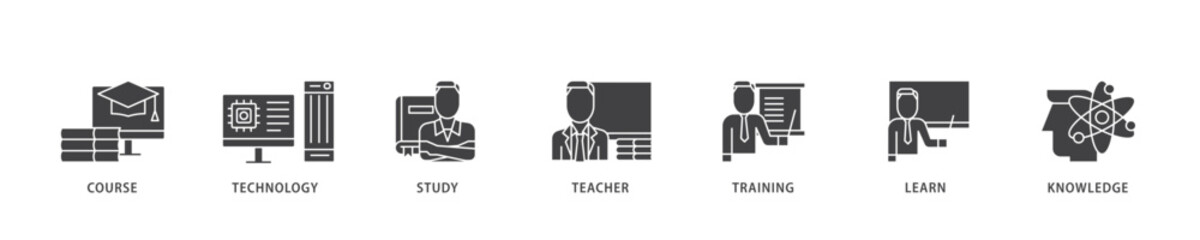 Poster - Online education icon infographic illustration concept with icon of course, technology, study, teacher, training, learn and knowledge icon live stroke and easy to edit 
