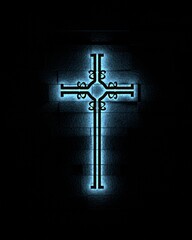 Neon shine christian cross on brick wall. Religion concept illustration. 3D render