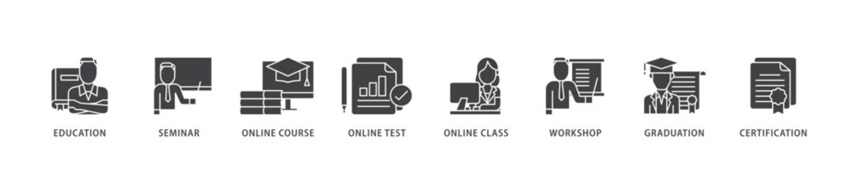 Poster - Online training icon infographic illustration concept with icon of education, seminar, online course, online test, online class, workshop, graduation, certification icon live stroke and easy to edit 