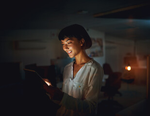 Aufkleber - Typing, dark and business with woman, tablet and happy with project, deadline and schedule. Technology, evening and creative agency with employee, consultant for graphic design or night with internet