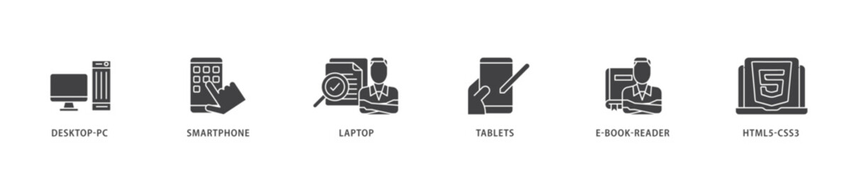 Poster - Responsive web design icon infographic illustration concept with icon of tablets, html5 css3, e book reader, laptop, smart phone, desktop pc icon live stroke and easy to edit 