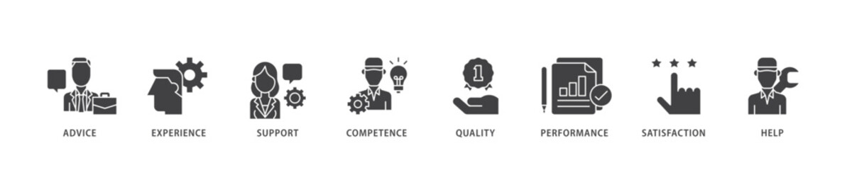 Poster - Service icon infographic illustration concept with icon of advice, experience, support, competence, quality, performance, satisfaction, help, and call center icon live stroke and easy to edit 