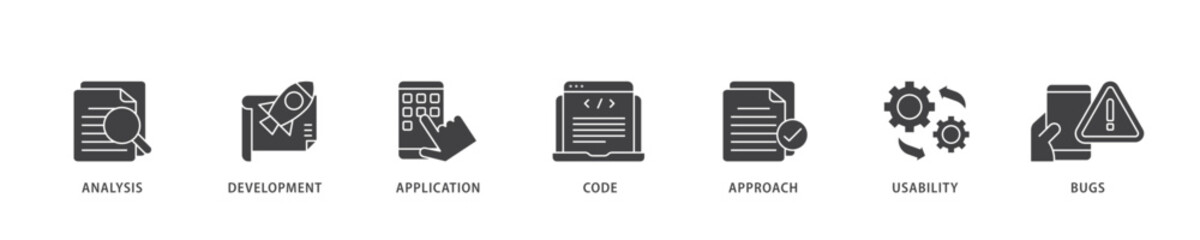 Poster - Software testing icon infographic illustration concept with icon of bugs, code, usability, approach, application, development, analysis icon live stroke and easy to edit 