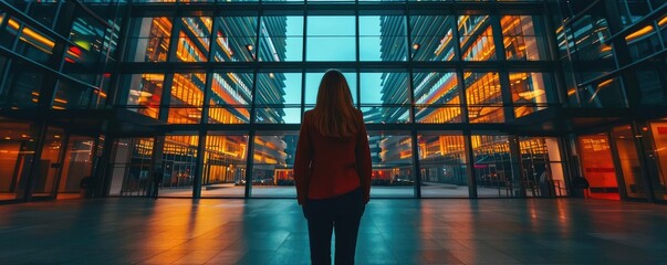 Poster - A silhouette of a person standing in a modern building with vibrant lighting, showcasing a blend of urban architecture and innovation.