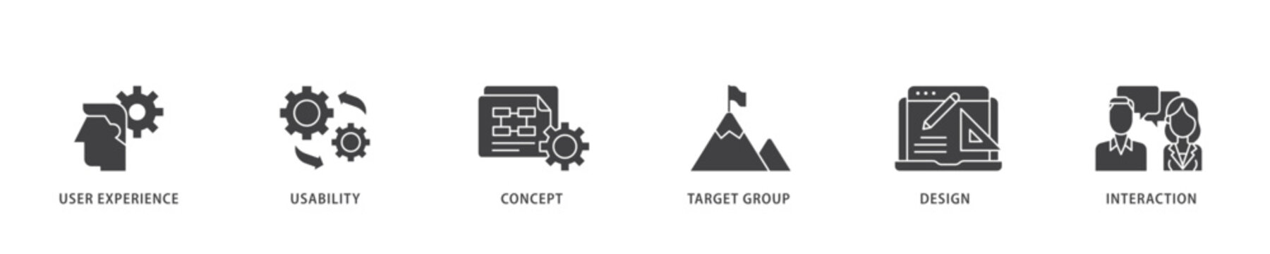 User interface design icon infographic illustration concept with icon of target group, interaction, design, concept, usability, user experience icon live stroke and easy to edit 