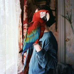 A vibrant red and blue macaw sits perched near a window with lace curtains, creating a colorful and charming snapshot of indoor life.