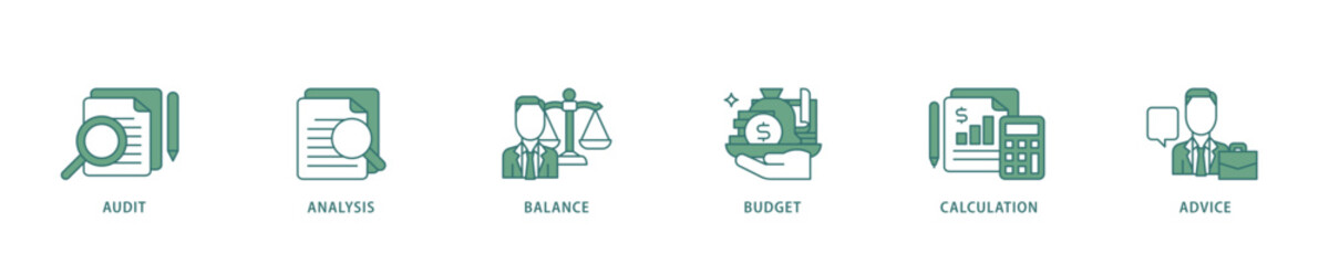Poster - Accounting icon infographic illustration concept with icon of audit, analysis, balance, budget, calculation, and advice icon live stroke and easy to edit 