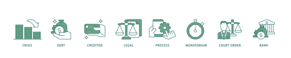 Poster - Bankruptcy icon infographic illustration concept with icon of bank ,court order, legal, moratorium, process, creditor, debt, crisis icon live stroke and easy to edit 
