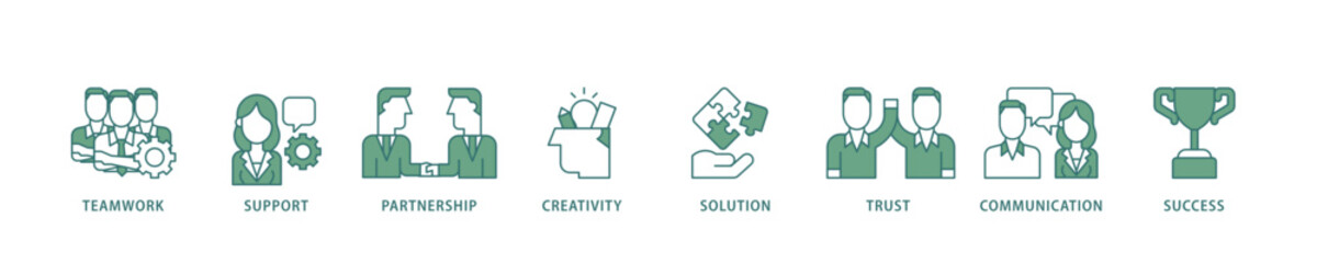 Poster - Collaboration icon infographic illustration concept with icon of teamwork, support, partnership, creativity, solution, trust, communication, success icon live stroke and easy to edit 
