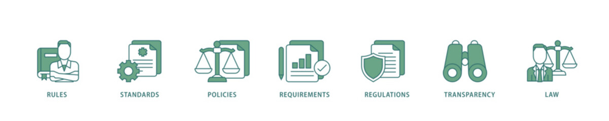Poster - Compliance icon infographic illustration concept with icon of law, requirements, transparency, regulations, policies, standards, rules icon live stroke and easy to edit 