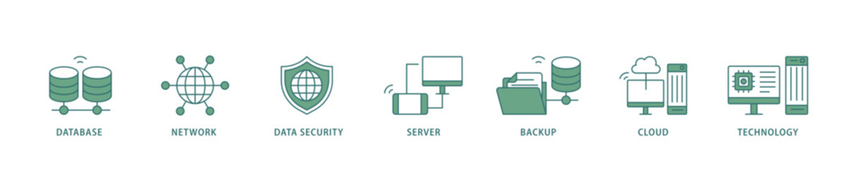 Poster - Data center icon infographic illustration concept with icon of database, network, data security, server, backup, cloud and technology icon live stroke and easy to edit 