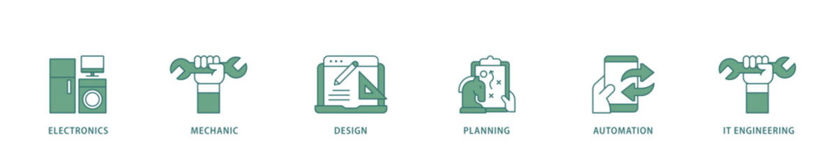 Poster - Engineering icon infographic illustration concept with icon of electronics, mechanic, design, planning, automation and it engineering icon live stroke and easy to edit 