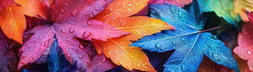 Poster - Vibrant, colorful leaves with droplets of water, showcasing nature's beauty and intricate details in a refreshing composition.