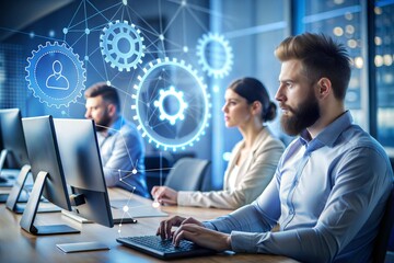 Poster - Tech Team in Action: A diverse team of tech professionals work diligently at their computers, with glowing blue gears symbolizing their collaborative efforts and the synergy of their skills. 