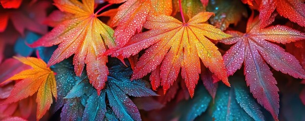 Aufkleber - Vibrant autumn leaves showcasing a stunning blend of orange, red, and blue hues, adorned with morning dew droplets.